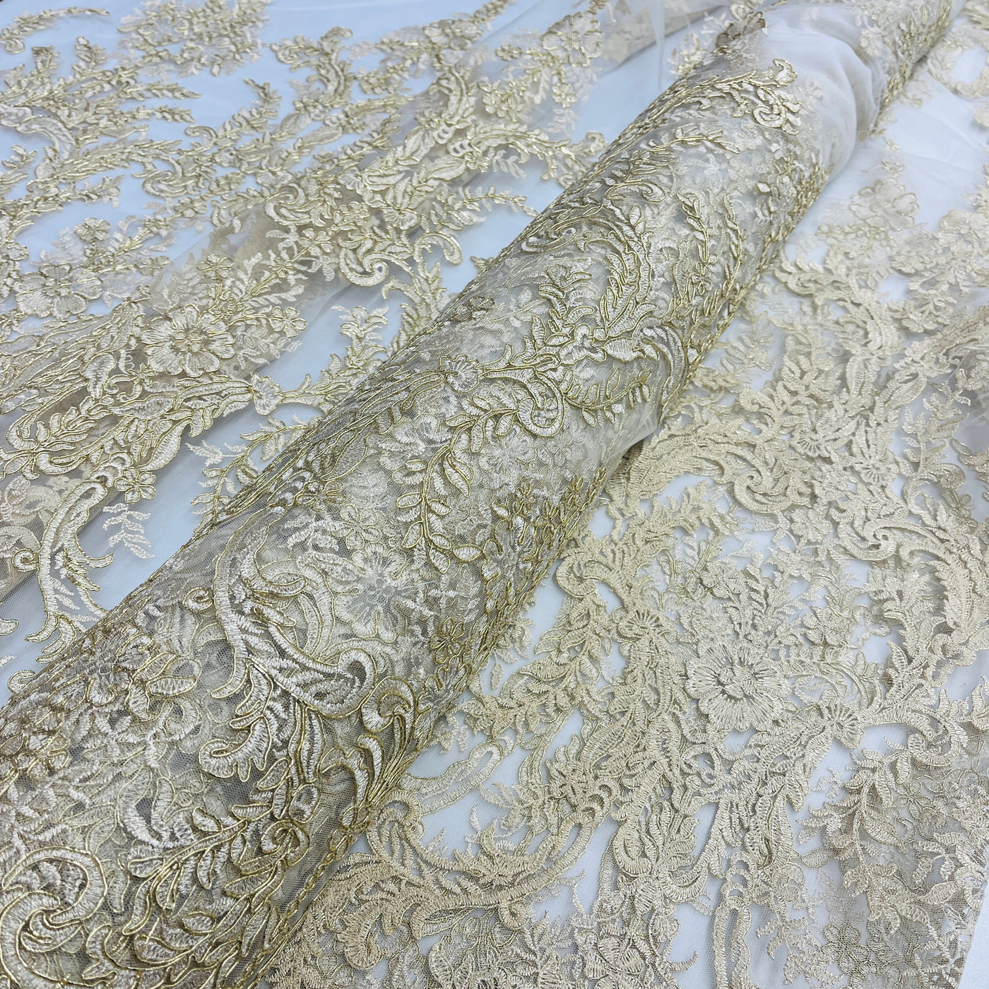 Corded Bridal Lace Fabric Embroidered on 100% Polyester Net Mesh | Lace USA - 97136W