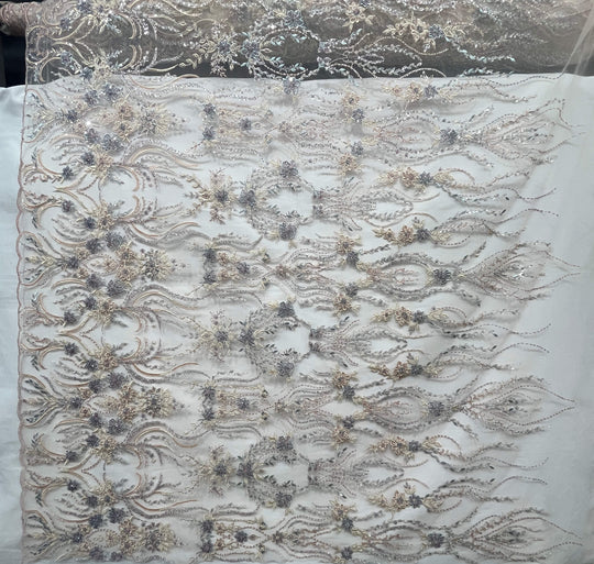 Beaded Lace Fabric Embroidered on 100% Polyester Net Mesh | Lace USA - GD-26227