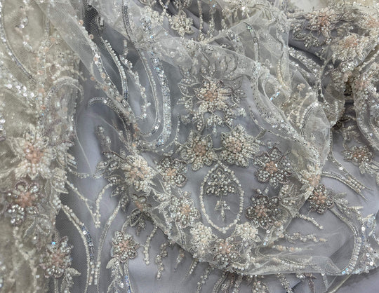 Beaded Lace Fabric Embroidered on 100% Polyester Net Mesh | Lace USA - GD-26227