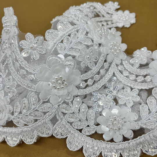 Beaded & Corded Floral Lace Trimming Embroidered on 100% Polyester Net Mesh | Lace USA - 97225W-HB