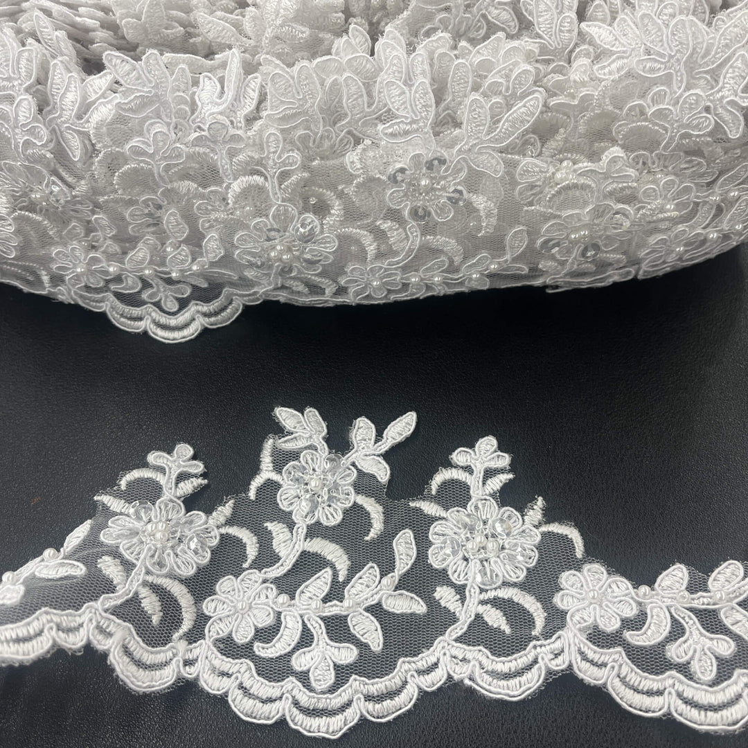 Beaded Corded White Lace Trimming Embroidered on 100% Polyester | Lace USA - 95914W-BP