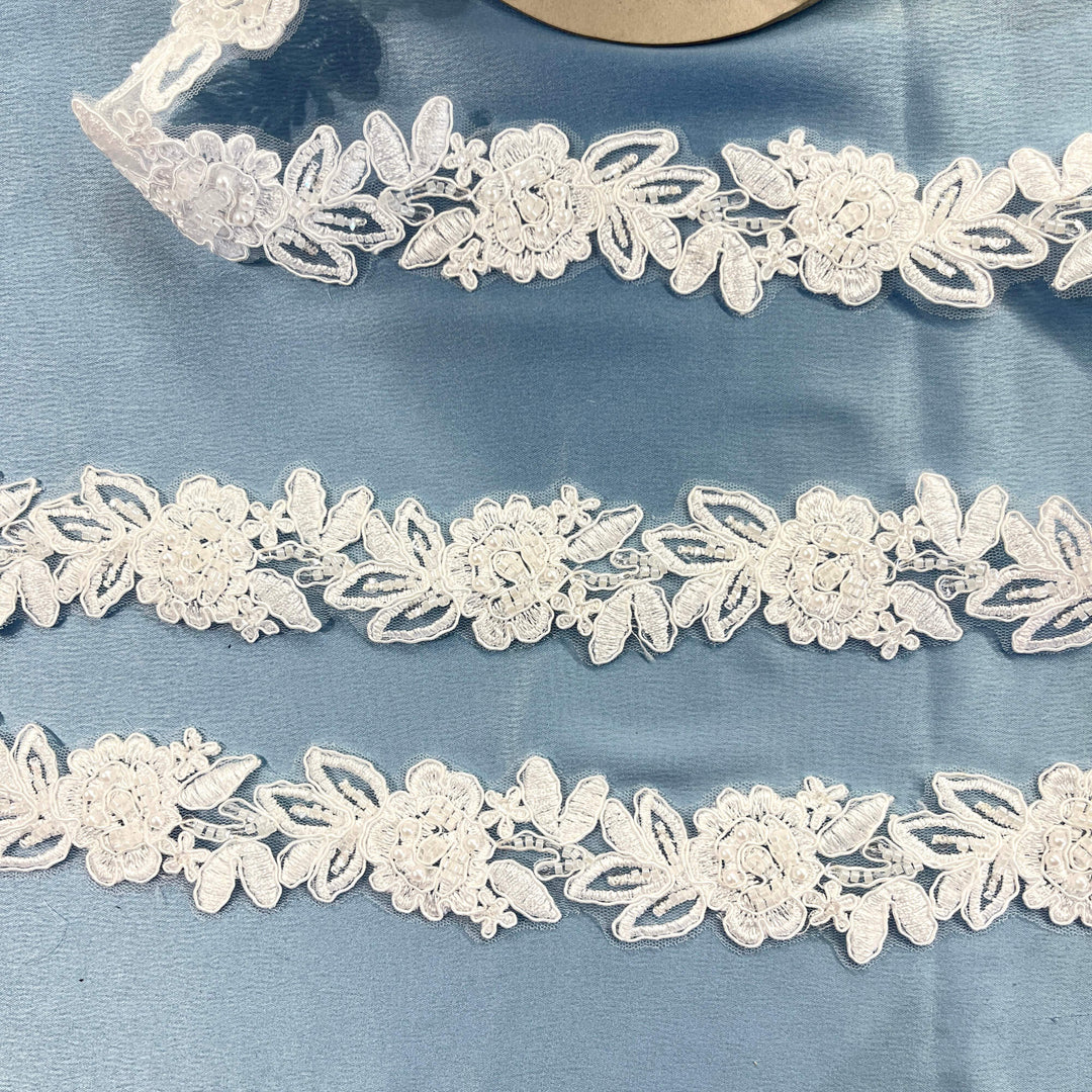 Beaded & Corded Lace Trimming Embroidered on 100% Polyester Organza or Net Mesh | Lace USA - 96279W-BP