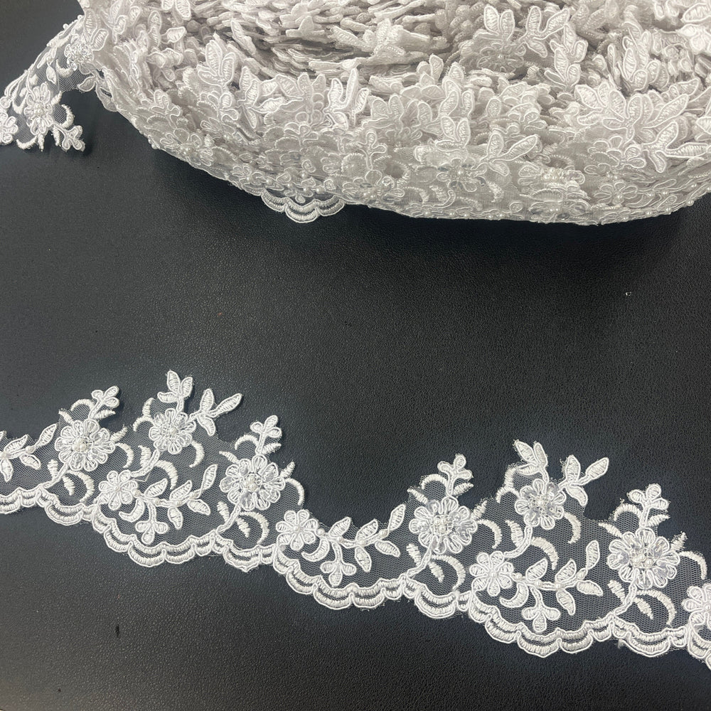 Beaded Corded  White Lace Trimming Embroidered on 100% Polyester | Lace USA - 95914W-BP