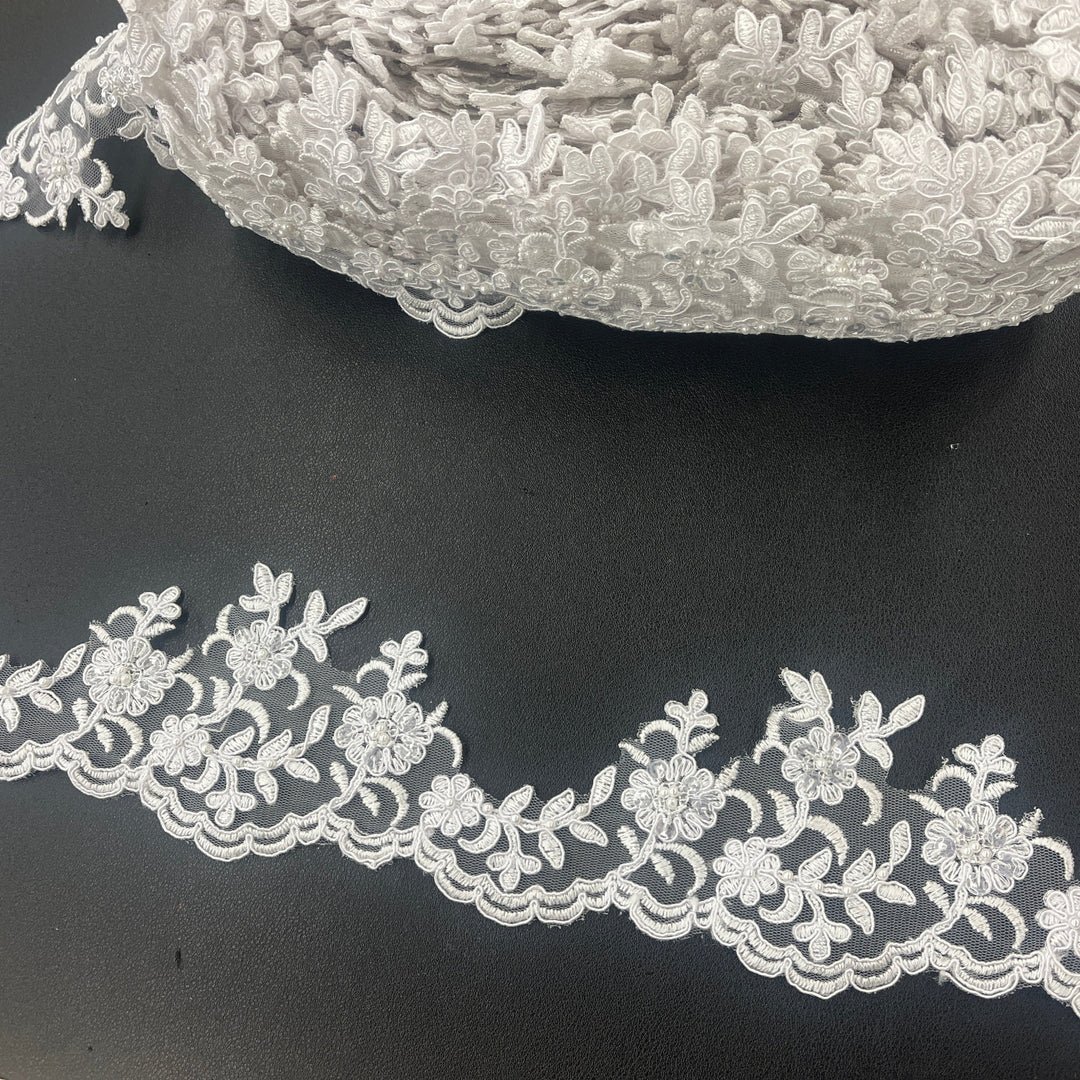 Beaded Corded  White Lace Trimming Embroidered on 100% Polyester | Lace USA - 95914W-BP