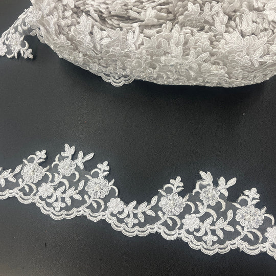 Beaded Corded  White Lace Trimming Embroidered on 100% Polyester | Lace USA - 95914W-BP