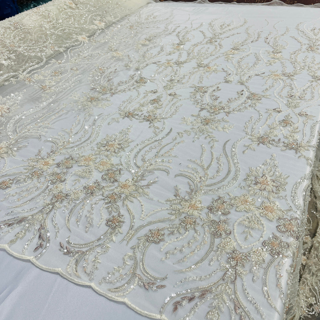 Beaded Lace Fabric Embroidered on 100% Polyester Net Mesh | Lace USA - GD-26227