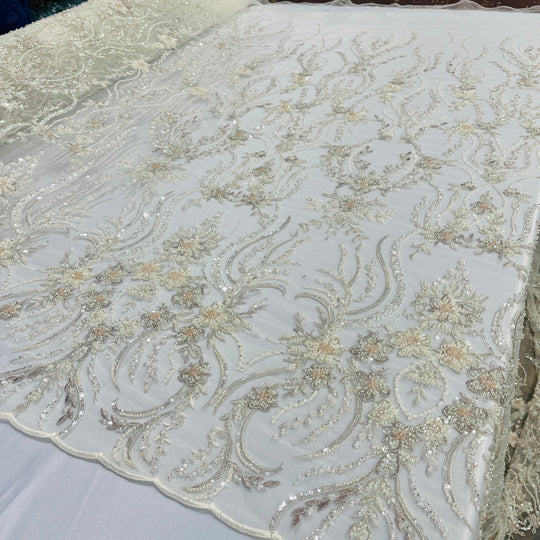 Beaded Lace Fabric Embroidered on 100% Polyester Net Mesh | Lace USA - GD-26227