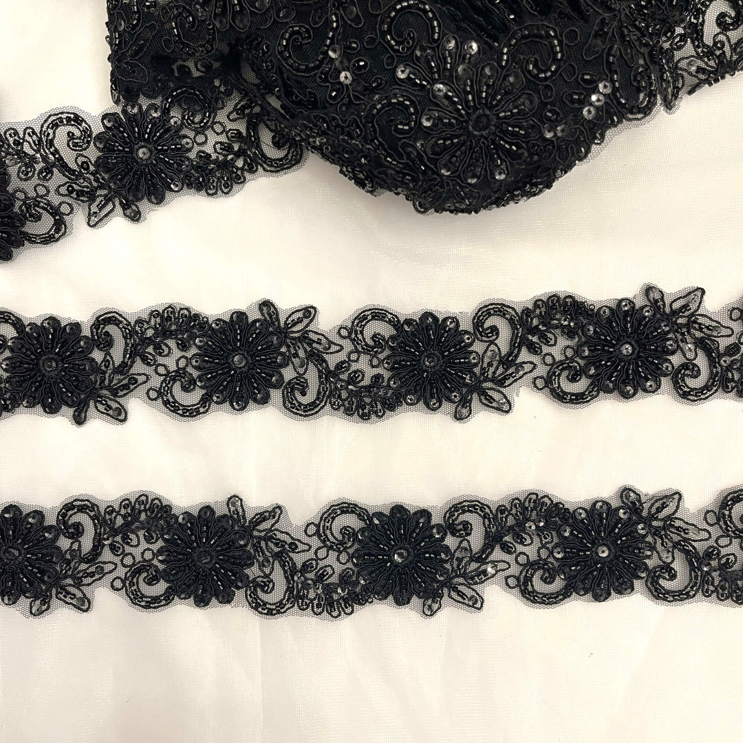 Black color  Floral Beaded and Corded Lace Trim Embroidered Net Mesh | Lace USA #96275WHB Black