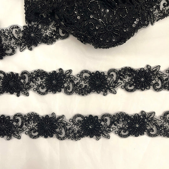 Black color  Floral Beaded and Corded Lace Trim Embroidered Net Mesh | Lace USA #96275WHB Black