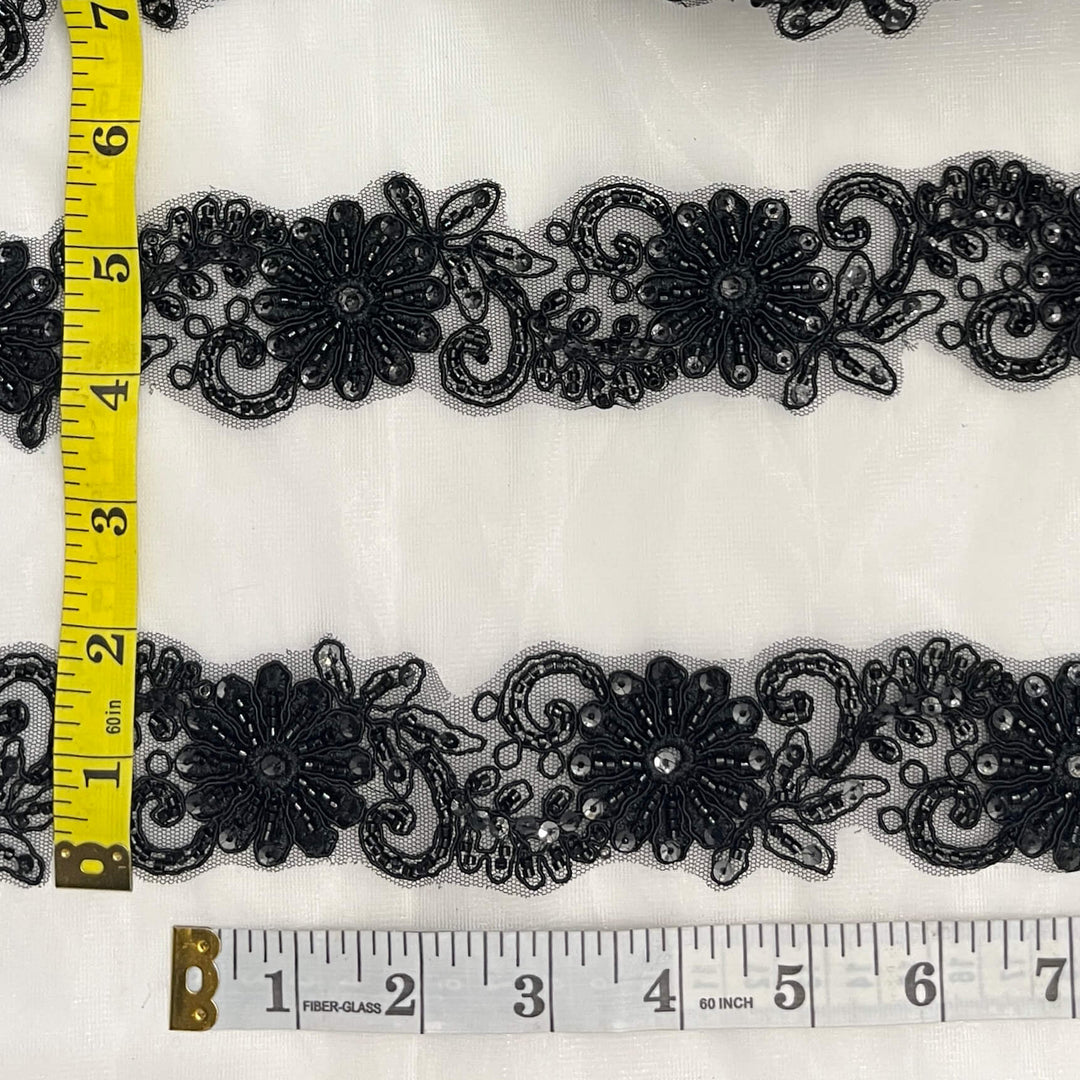 Black color  Floral Beaded and Corded Lace Trim with measuring tape | Lace USA #96275WHB Black