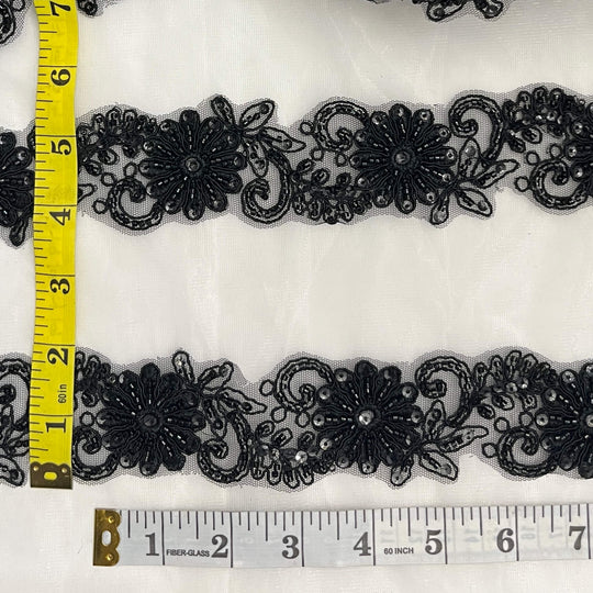 Black color  Floral Beaded and Corded Lace Trim with measuring tape | Lace USA #96275WHB Black