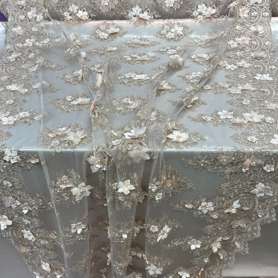 Beaded 3D Floral Lace Fabric Embroidered on 100% Polyester Net Mesh | Lace USA - GD-982