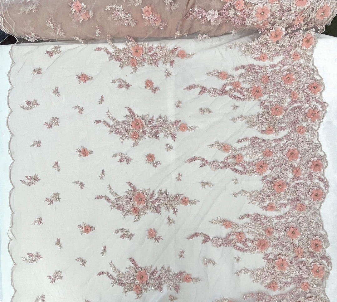 Full view of Blushy pink 3D embroidered floral lace fabric, embellished with beads and rhinestones – LaceUSA GD2880