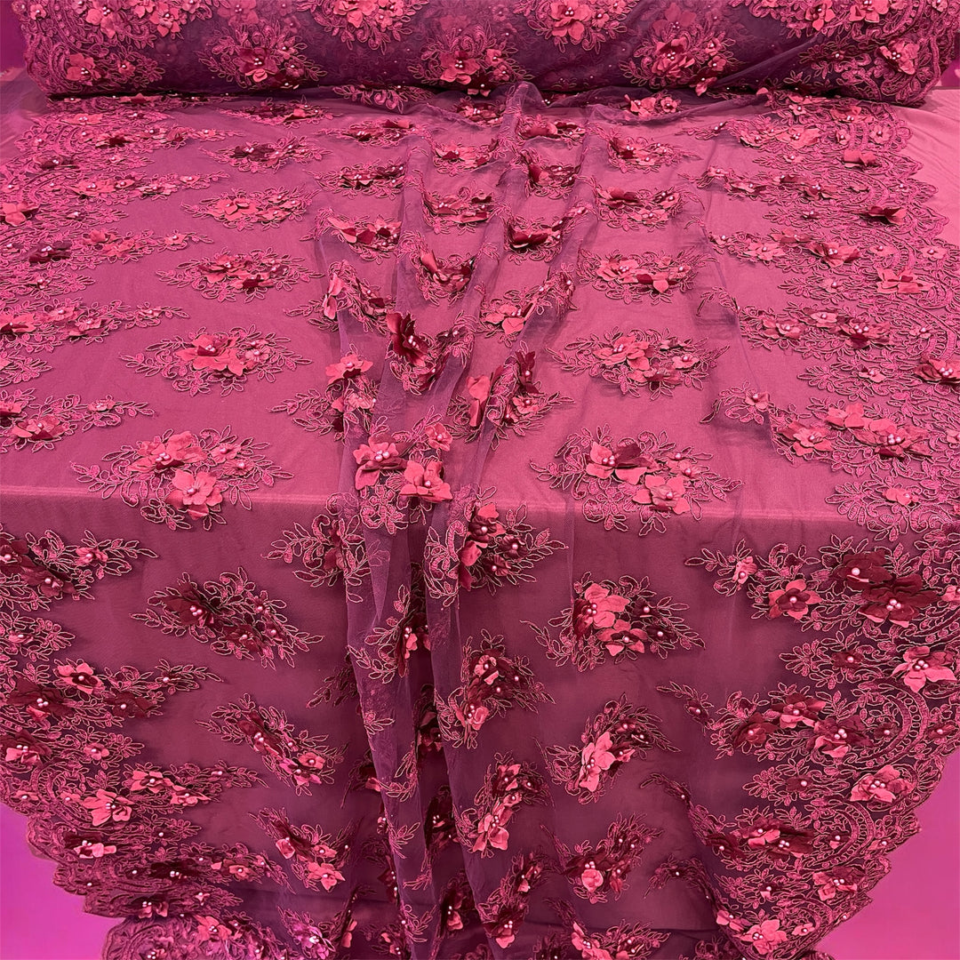 Beaded 3D Floral Lace Fabric Embroidered on 100% Polyester Net Mesh | Lace USA - GD-982