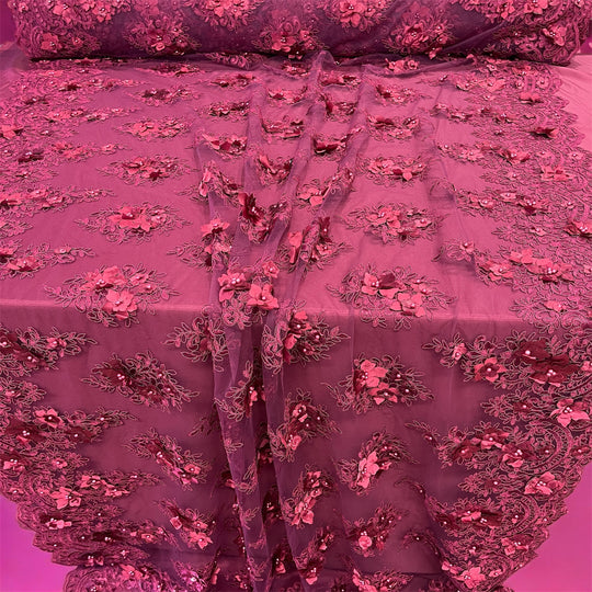 Beaded 3D Floral Lace Fabric Embroidered on 100% Polyester Net Mesh | Lace USA - GD-982