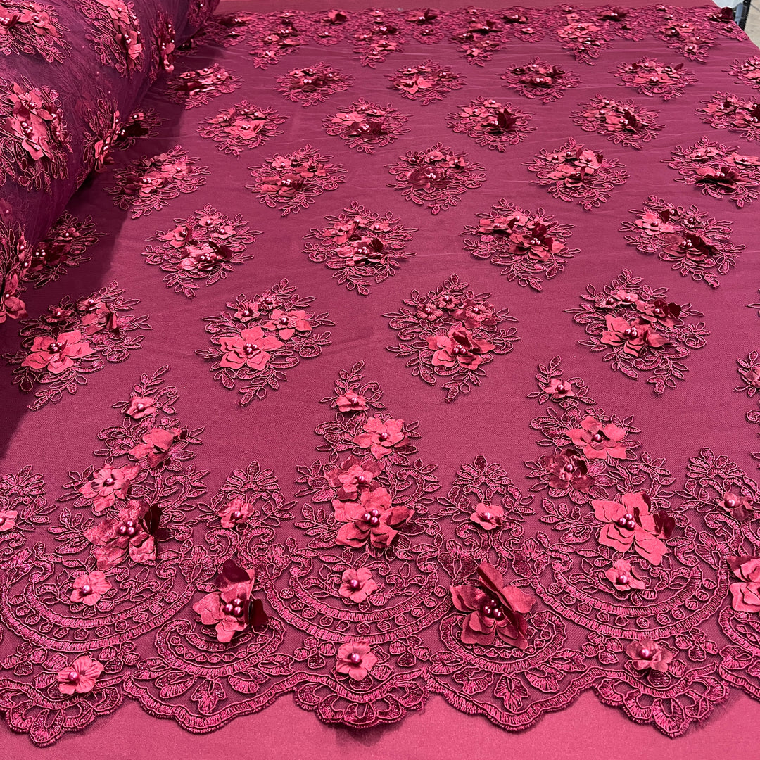 Beaded 3D Floral Lace Fabric Embroidered on 100% Polyester Net Mesh | Lace USA - GD-982