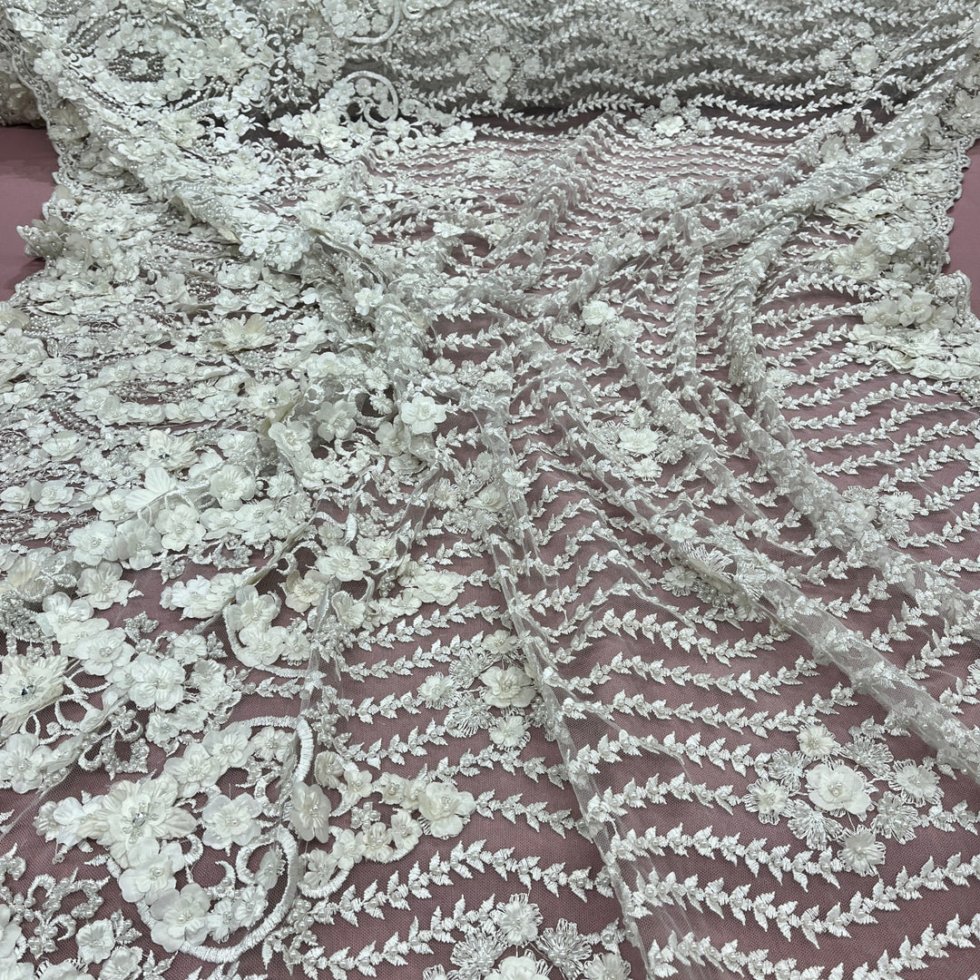 Beaded 3D Floral Lace Fabric Embroidered on 100% Polyester Net Mesh | Lace USA - GD-363