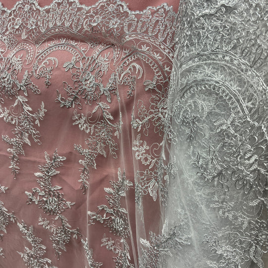 Corded Bridal Lace Fabric Embroidered on 100% Polyester Net Mesh | Lace USA - 96979W