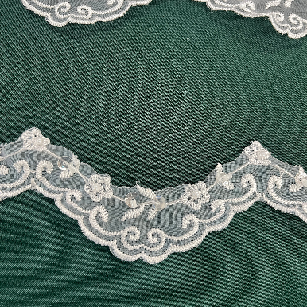 Beaded Lace Trimming Embroidered on 100% Polyester Organza | Lace USA - 20046N-BP-White