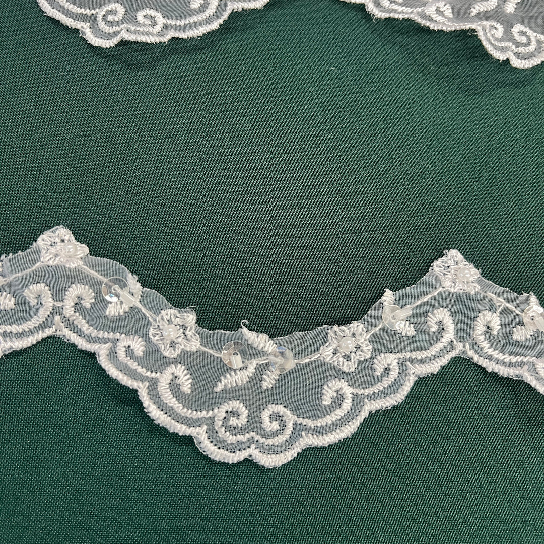 Beaded Lace Trimming Embroidered on 100% Polyester Organza | Lace USA - 20046N-BP-White