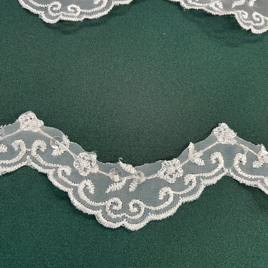 Beaded Lace Trimming Embroidered on 100% Polyester Organza | Lace USA - 20046N-BP-White