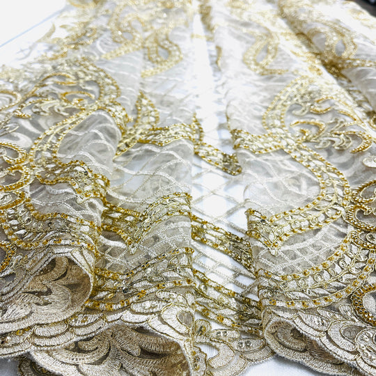 Beaded & Corded Bridal Lace Fabric Embroidered on 100% Polyester Net Mesh | Lace USA - GD-55221