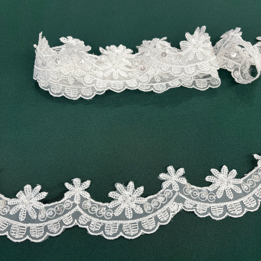 Beaded Lace Trimming Embroidered on 100% Polyester Organza | Lace USA - 20047N-BP-White