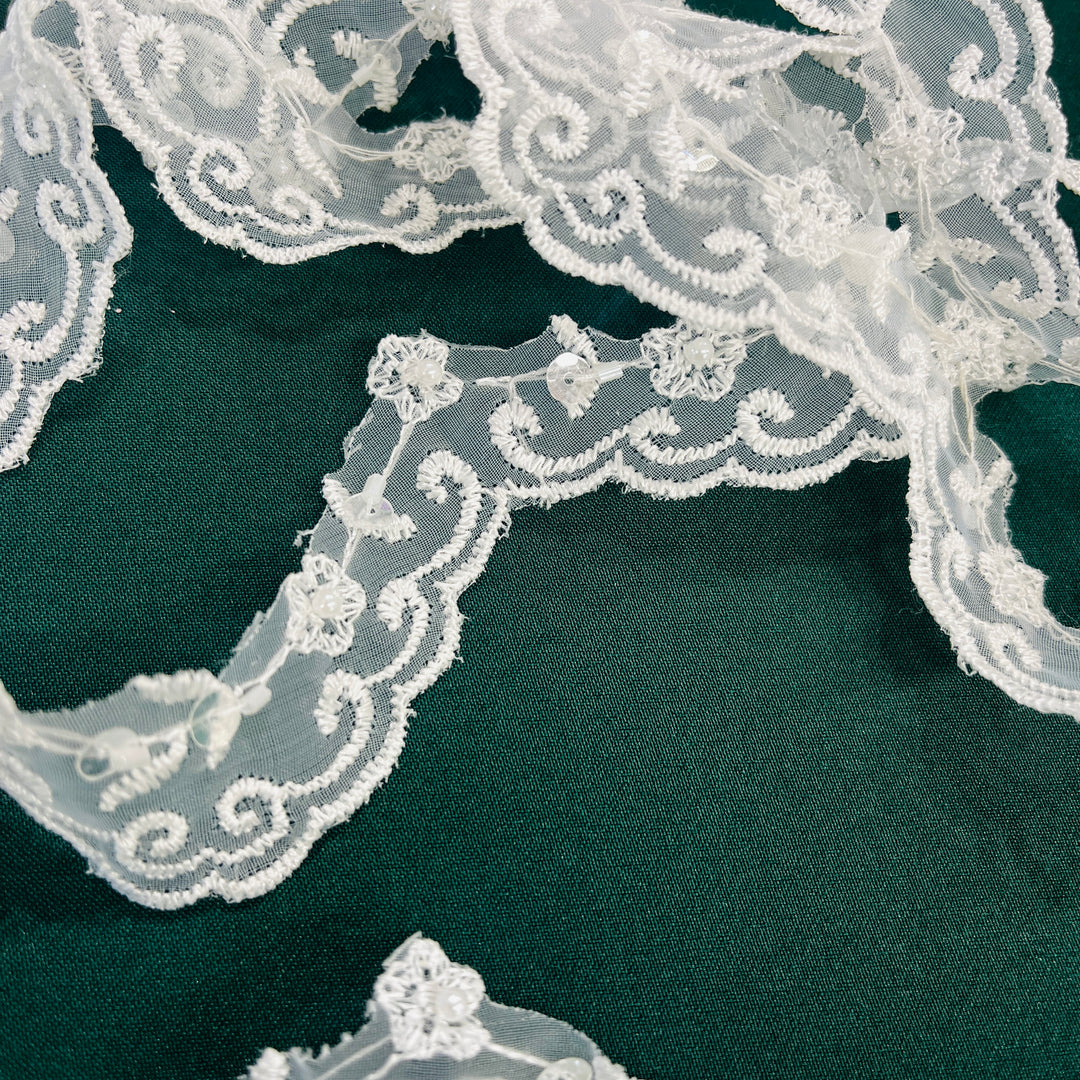 Beaded Lace Trimming Embroidered on 100% Polyester Organza | Lace USA - 20046N-BP-White