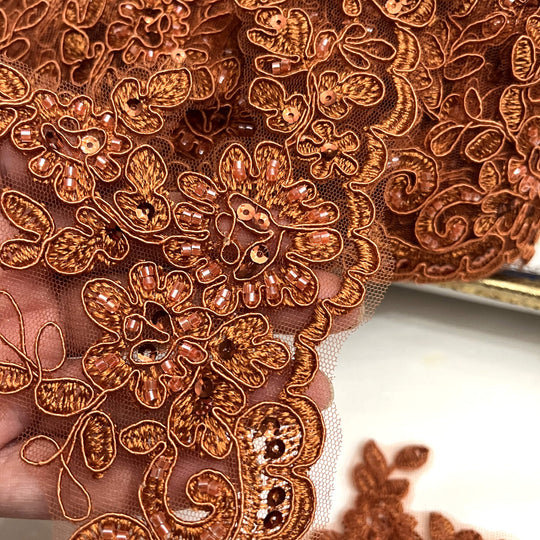 Beaded & Corded Lace Trimming Embroidered on 100% Polyester Net Mesh | Lace USA - 96796W-HB