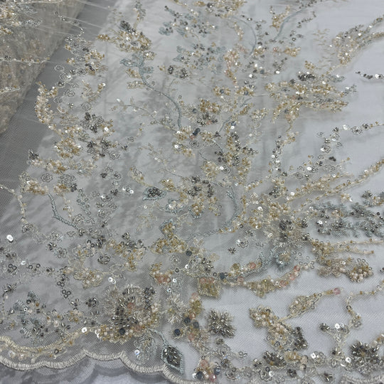 Beaded Lace Fabric Embroidered on 100% Polyester Net Mesh | Lace USA - GD-26228