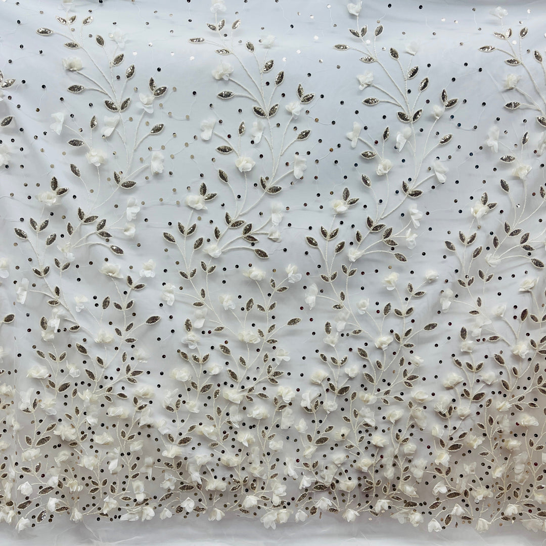 White floral lace fabric with embroidered white flowers, Champagne  color sequined leaves,