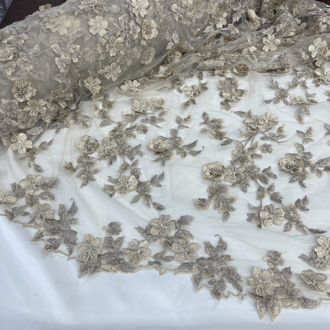 Section-view of Lace USA GD-1613 3D champagne floral lace with bead and rhinestone embellishments, featuring scalloped edging—ideal for gowns.
