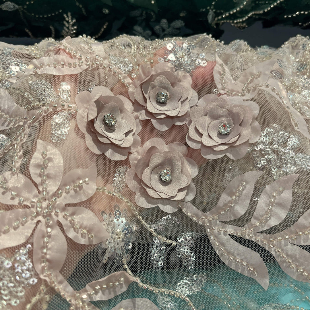 closeup of Champagne Beaded sequined  3D Floral Lace Fabric| Lace USA - GD-229