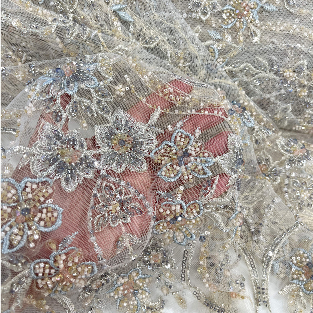 Beaded Lace Fabric Embroidered on 100% Polyester Net Mesh | Lace USA - GD-26227