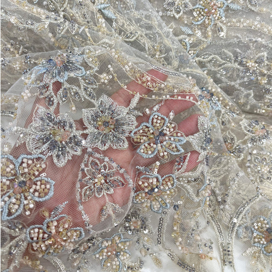 Beaded Lace Fabric Embroidered on 100% Polyester Net Mesh | Lace USA - GD-26227