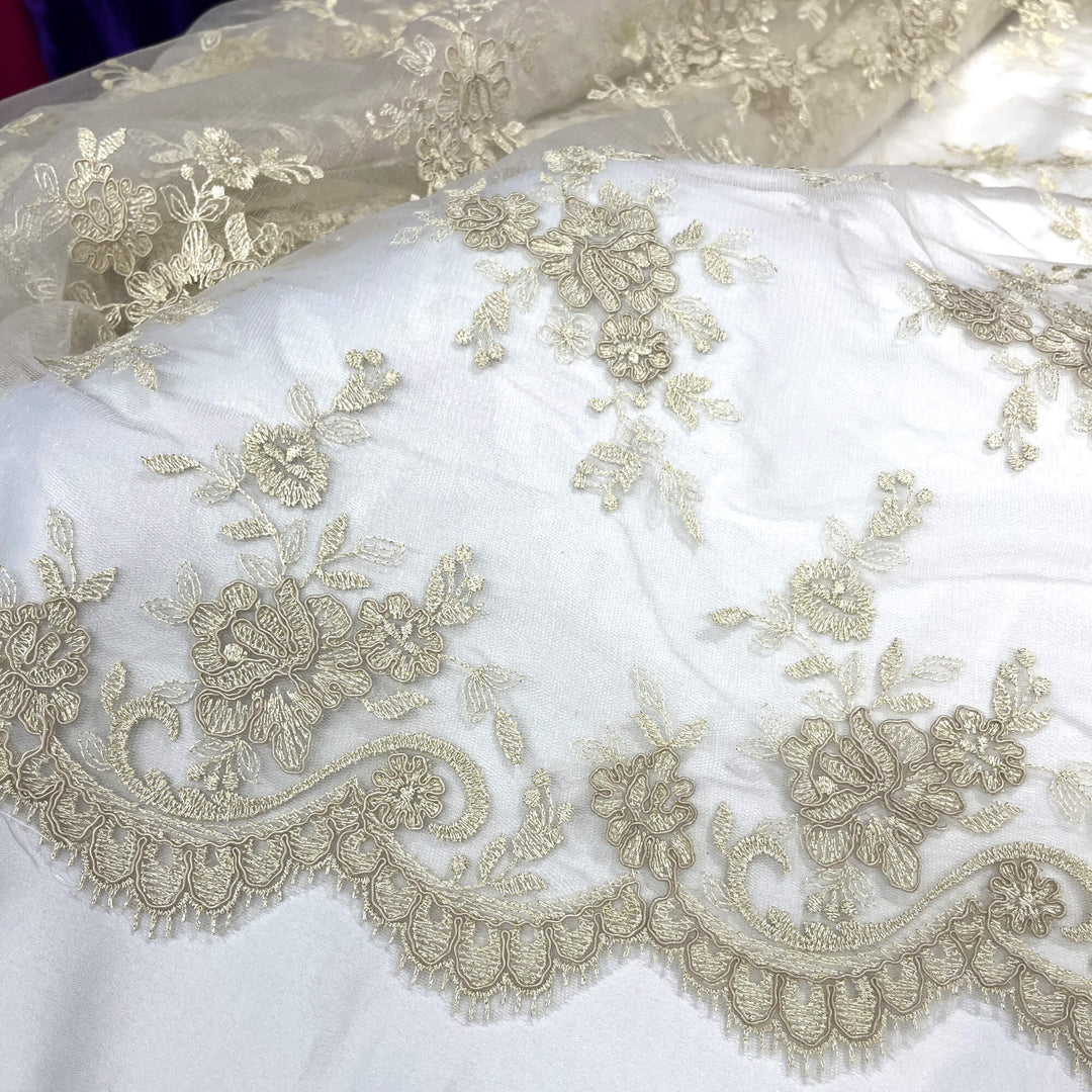 Corded Bridal Lace Fabric Embroidered on 100% Polyester Net Mesh | Lace USA - 96517W