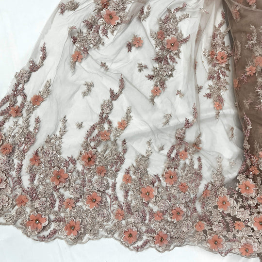 Close-up of embroidered fabric with floral patterns on a white background- item LaceUSA GD2880