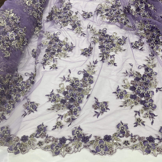 Mid view of Lace USA GD-3040 3D Lilac floral lace, embellished with beads and rhinestones—ideal for dresses, gowns, and formalwear.