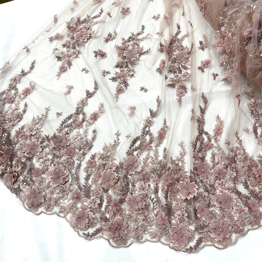 Mid view of mauve 3D embroidered floral lace fabric, embellished with beads and rhinestones – LaceUSA GD2880