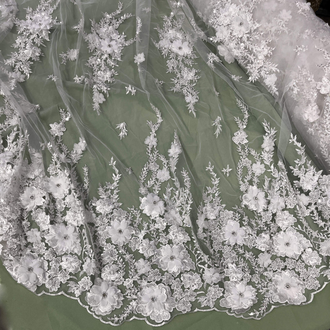 Mid view of off white 3D embroidered floral lace fabric, embellished with beads and rhinestones – LaceUSA GD2880