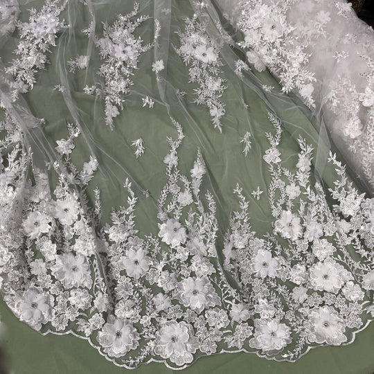 Mid view of off white 3D embroidered floral lace fabric, embellished with beads and rhinestones – LaceUSA GD2880