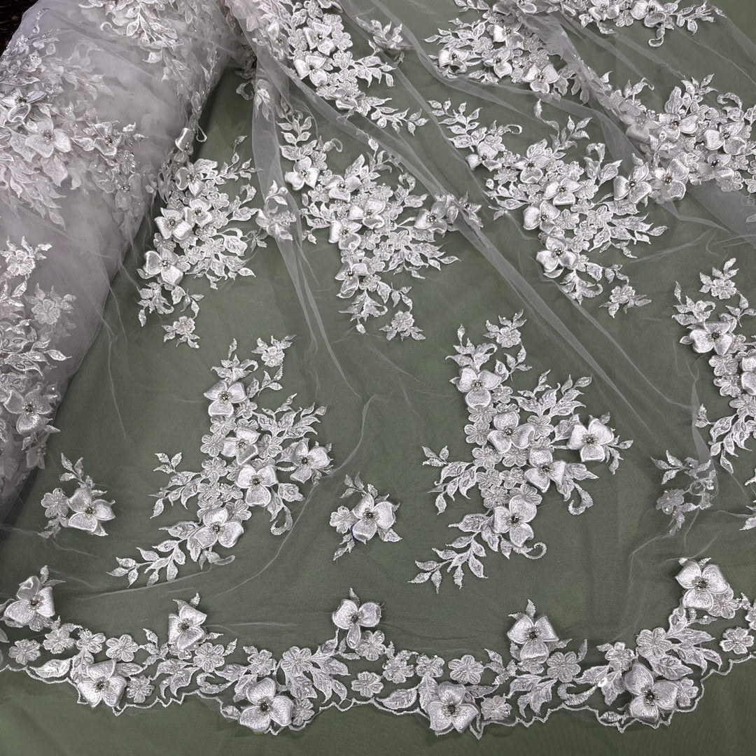 Mid view of Lace USA GD-3040 3D off white floral lace, embellished with beads and rhinestones—ideal for dresses, gowns, and formalwear.