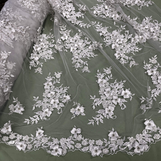 Mid view of Lace USA GD-3040 3D off white floral lace, embellished with beads and rhinestones—ideal for dresses, gowns, and formalwear.