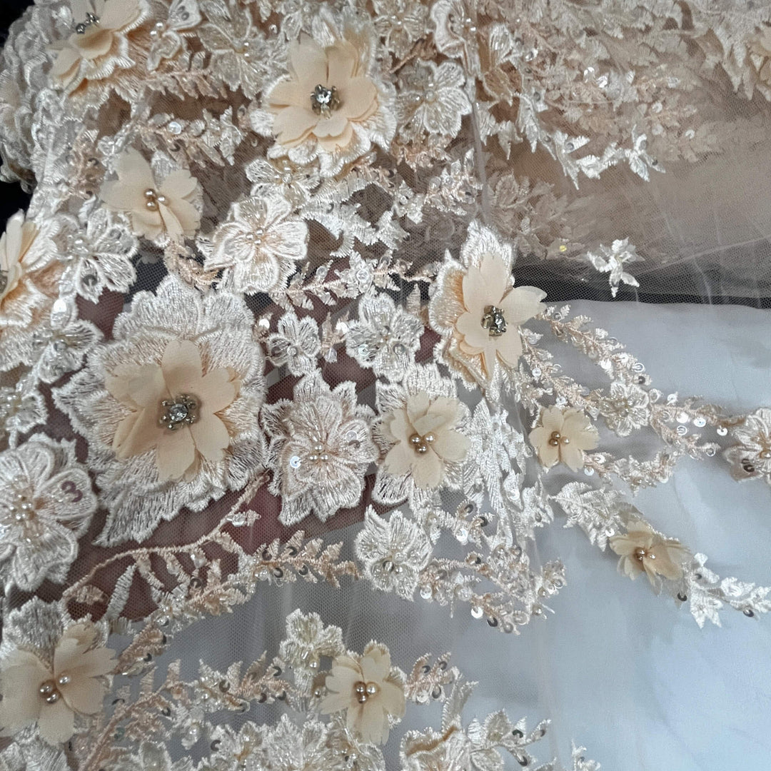 Beaded 3D Floral Lace Fabric Embroidered on 100% Polyester Net Mesh | Lace USA - GD-2880