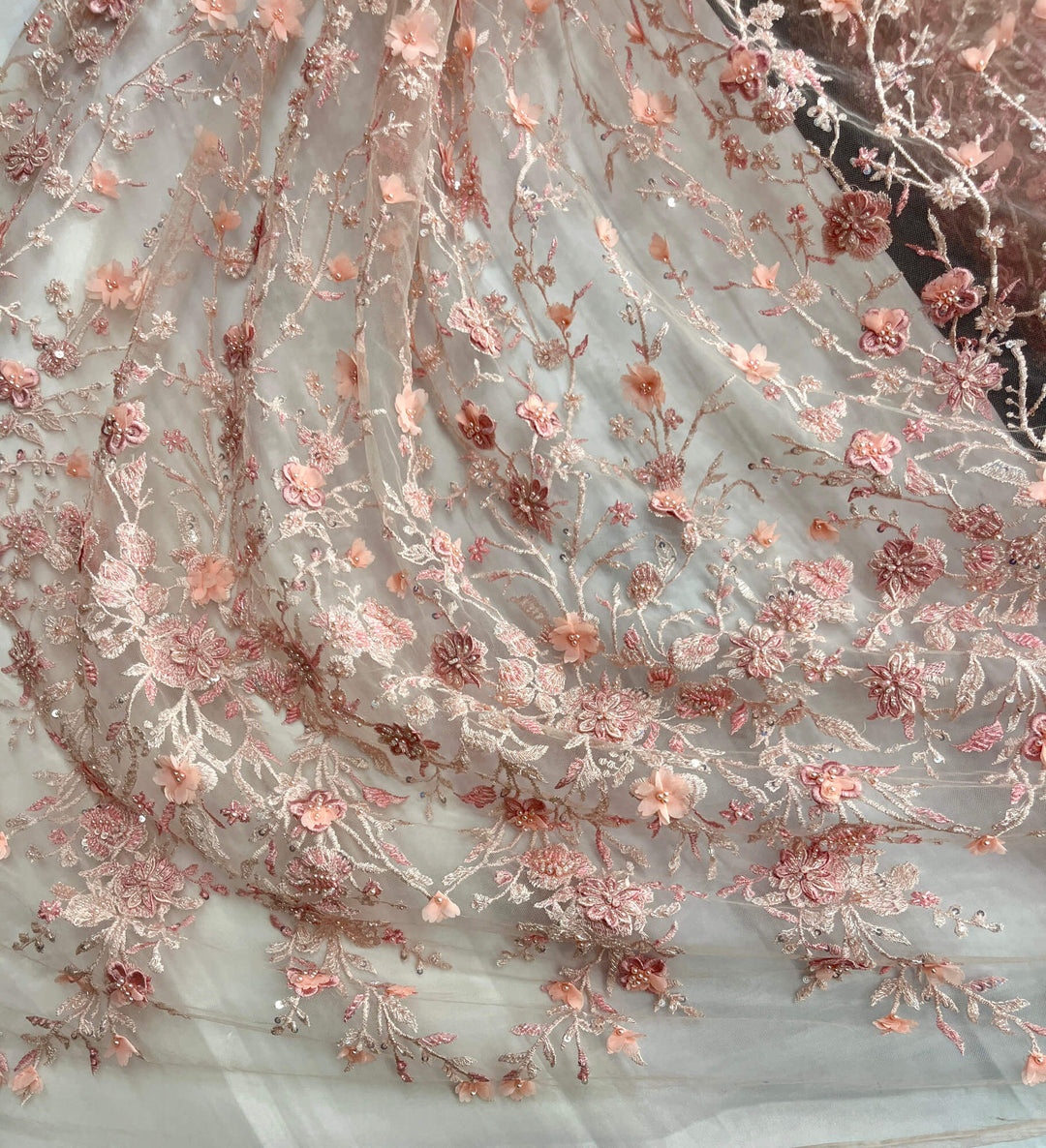 Pink- Beaded 3D floral  Lace Embroidered on Net Mesh - LaceUSA Item GD3165 