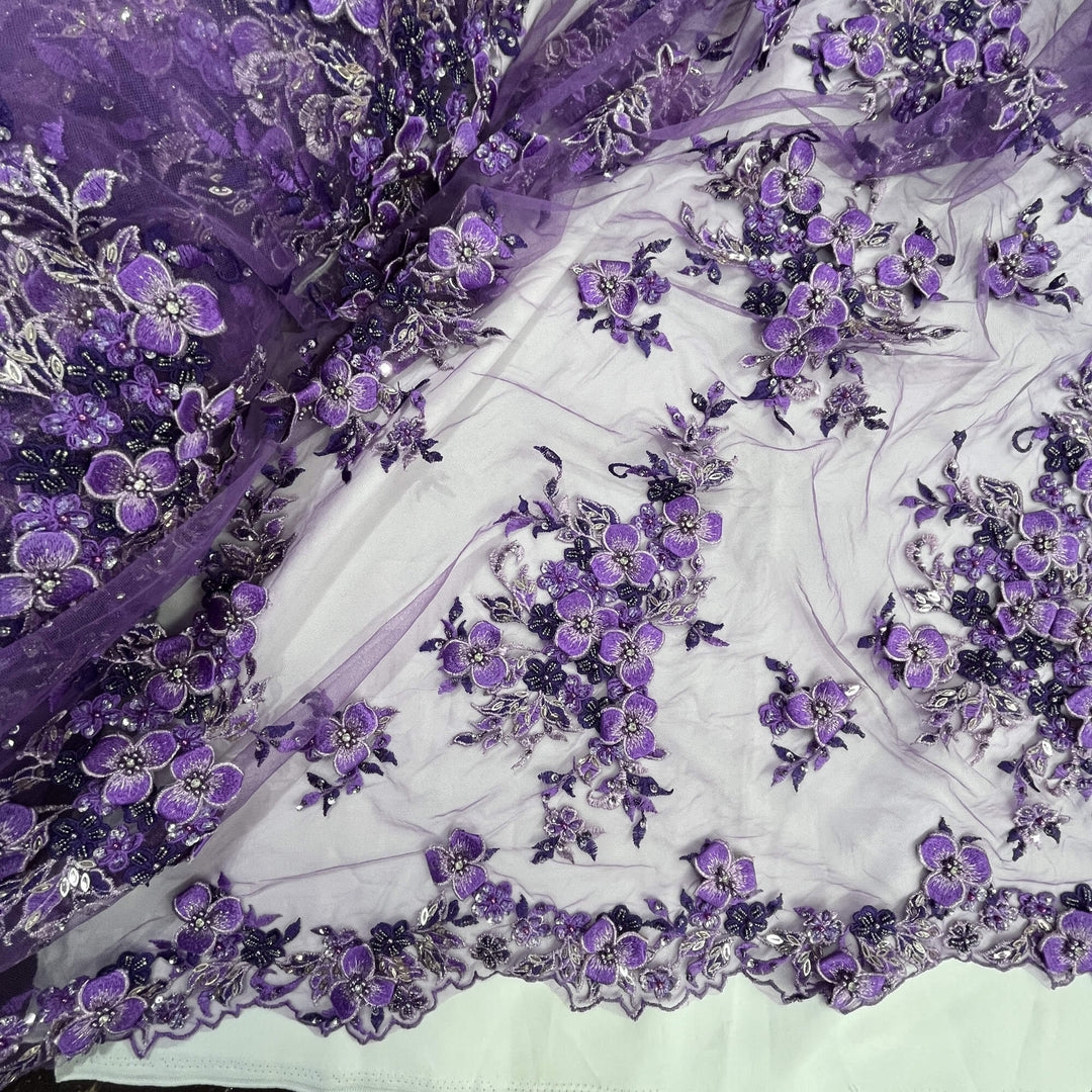 Mid view of Lace USA GD-3040 3D floral lace with two-tone purple embroidery, embellished with beads and rhinestones—ideal for formalwear