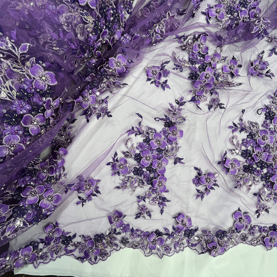 Mid view of Lace USA GD-3040 3D floral lace with two-tone purple embroidery, embellished with beads and rhinestones—ideal for formalwear