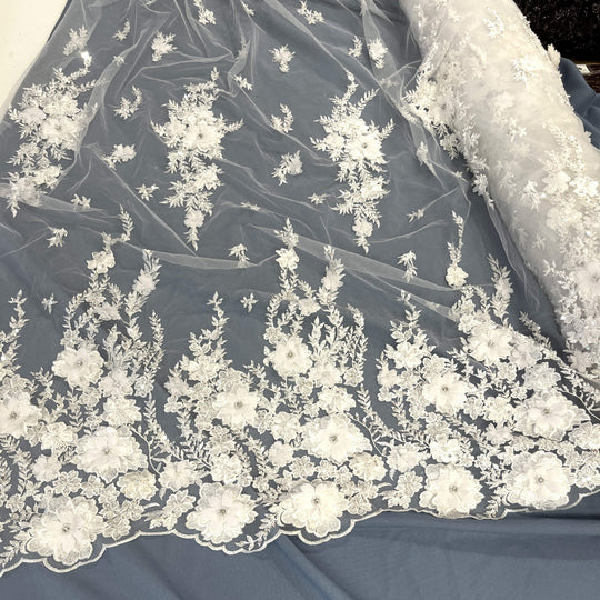 Mid view of white 3D embroidered floral lace fabric, embellished with beads and rhinestones – LaceUSA GD2880