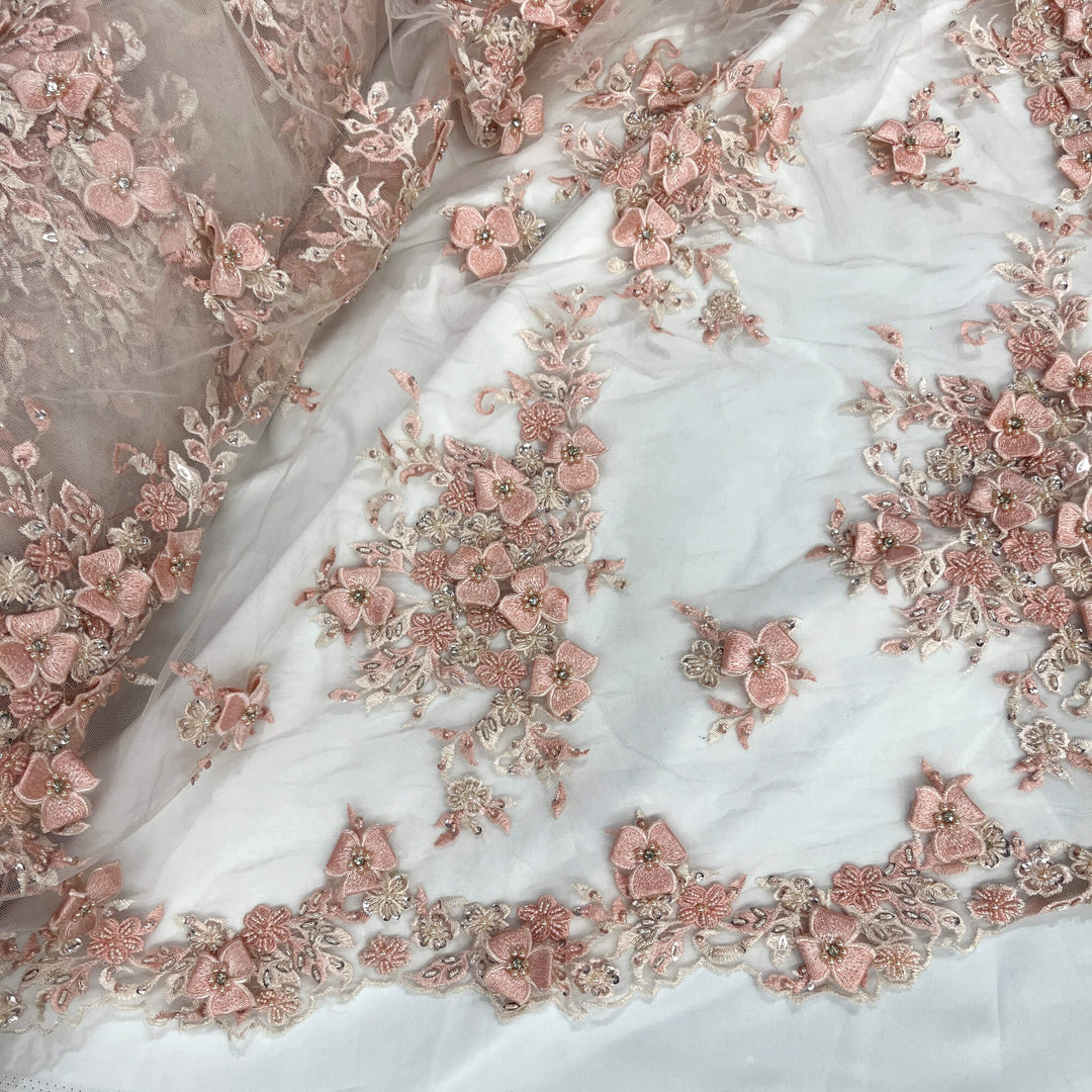 Mid view of Lace USA GD-3040 3D Peach floral lace, embellished with beads and rhinestones—ideal for dresses, gowns, and formalwear.
