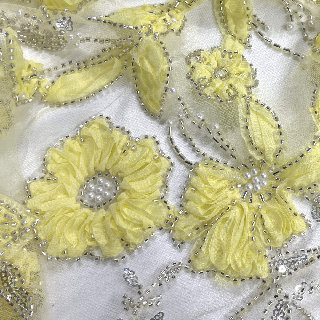 Beaded 3D Floral Lace Fabric Embroidered on 100% Polyester Net Mesh | Lace USA - GD-10143
